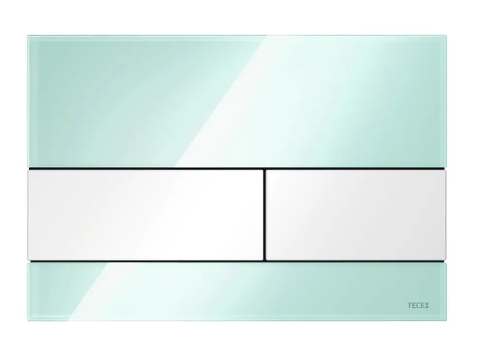Glas-Betätigungsplatte in mintgrün von TECE mit zwei weißen Tasten. Die Oberfläche ist glatt und reflektiert, während die Tasten zentral angeordnet sind.